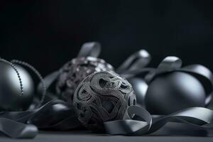 AI generated christmas balls and ribbons on a black background photo
