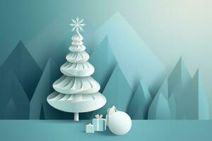 AI generated paper christmas tree with snow and presents photo