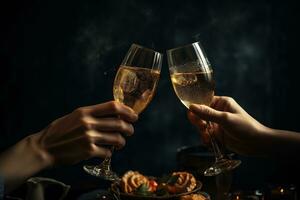 AI generated two people toasting with champagne glasses on a dark background photo