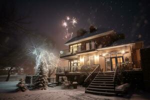 AI generated a house with a firework in the sky at night photo