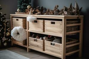 AI generated a wooden shelf with baskets and christmas decorations photo