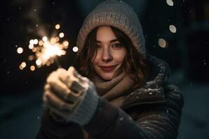 AI generated a woman holding sparklers in the snow photo