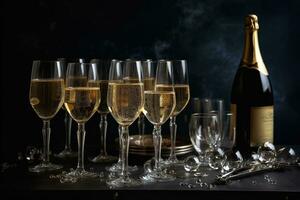 AI generated champagne glasses and bottle of champagne on a dark background photo