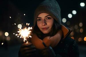 AI generated a woman holding a sparkler in her hand photo