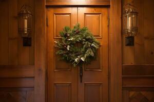 AI generated a wreath on the door of a wooden house photo