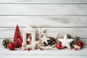 AI generated christmas decorations on a white wooden background photo