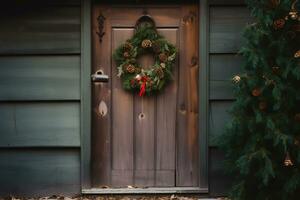 AI generated a door with a wreath on it and a christmas tree photo