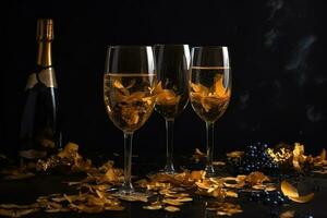 AI generated three glasses of champagne with gold flakes photo