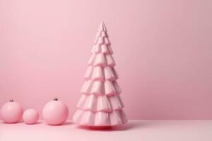 ai generado un rosado Navidad árbol con adornos en un rosado antecedentes foto