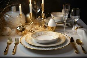 AI generated a table setting with gold and white plates and silverware photo