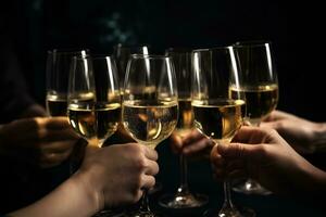 AI generated many people holding glasses of champagne in a toasting photo