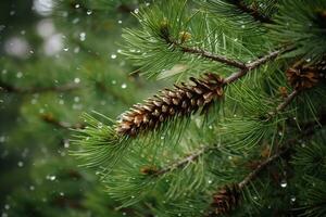 ai generado lluvia gotas en un pino árbol rama foto