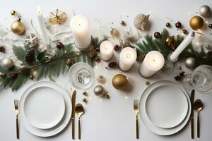 AI generated christmas table setting with white plates, silverware and candles photo