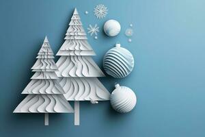 AI generated paper christmas tree with snowflakes and balls on blue background photo