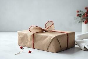 AI generated a brown gift box with a red ribbon tied around it photo
