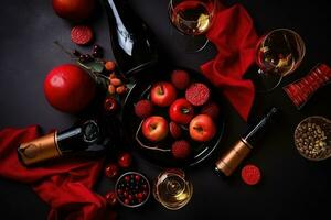 AI generated a table with red cloth, wine glasses, and fruit photo
