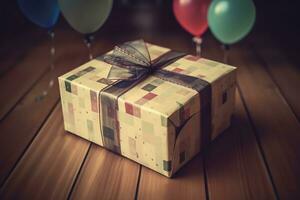 AI generated a gift box with balloons and ribbon on a wooden table photo