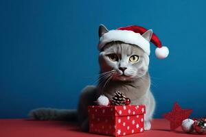 AI generated a cat wearing a santa hat sits next to a christmas gift box photo