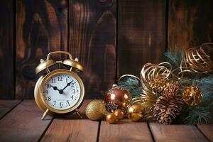 ai generado un alarma reloj y Navidad decoraciones en un de madera mesa foto