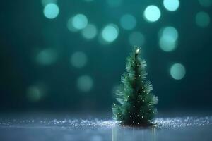 ai generado un pequeño Navidad árbol es sentado en un mesa con un verde antecedentes foto