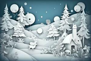 AI generated paper art of a snowy forest with trees and deer photo