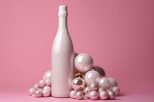 AI generated a bottle of champagne and a bunch of christmas balls on a pink background photo