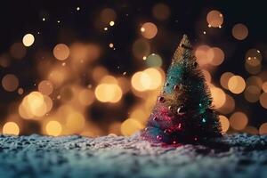 ai generado un pequeño Navidad árbol es sentado en un Nevado suelo foto
