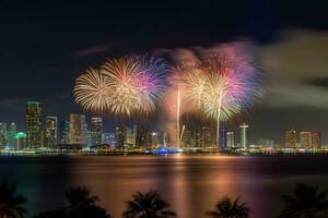 AI generated fireworks over the city skyline at night photo