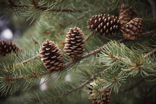 AI generated several pine cones are on a branch photo