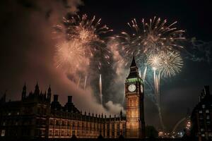 ai generado fuegos artificiales explotar terminado grande ben en Londres foto