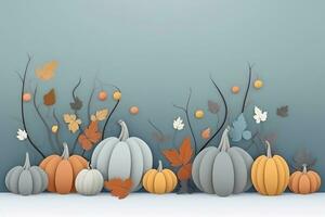 AI generated pumpkins and leaves on a gray background photo