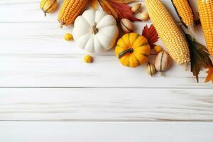 AI generated autumn background with pumpkins, corn, acorns and leaves on white wooden background photo