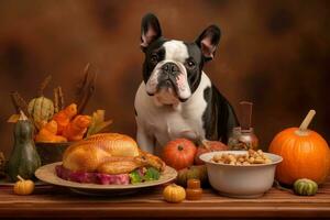 AI generated a french bulldog is sitting at a table with a turkey, pumpkin and other food photo