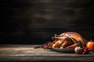 AI generated thanksgiving dinner with turkey and fruits on wooden table photo