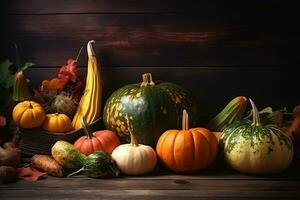 AI generated a variety of pumpkins and squash on a wooden table photo