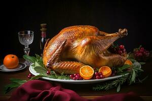 AI generated a turkey is on a plate with oranges and herbs photo
