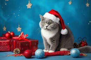 AI generated a gray cat wearing a santa hat sits next to christmas decorations photo