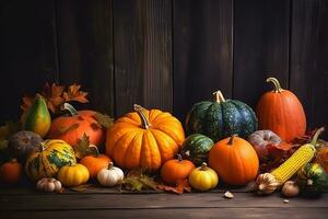 AI generated a group of pumpkins and other fall vegetables on a wooden table photo