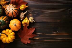 AI generated thanksgiving background with pumpkins and leaves photo