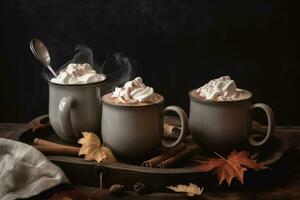 ai generado Tres tazas de caliente chocolate con azotado crema y canela foto