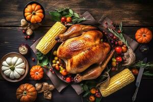 AI generated thanksgiving dinner with turkey, corn, squash and pumpkins photo