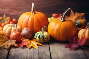 AI generated pumpkins, apples, and other fall decorations on a wooden table photo