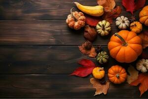 AI generated thanksgiving background with pumpkins and leaves photo