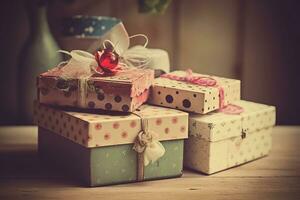 AI generated three small gift boxes with ribbons and bows on top of a wooden table photo