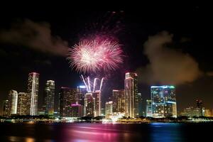 AI generated fireworks over the city skyline at night photo