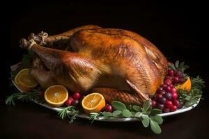 AI generated a turkey is displayed on a platter with oranges and other fruit photo
