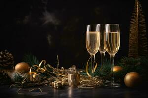 AI generated two glasses of champagne with christmas decorations on a dark background photo