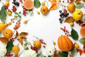 AI generated autumn harvest background with fruits and berries photo