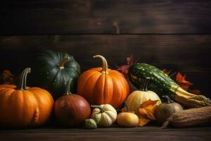 AI generated a group of pumpkins and squash on a wooden table photo