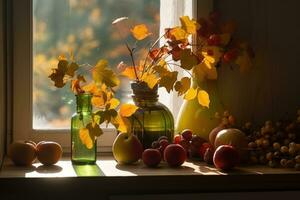 AI generated autumn still life with autumn fruits and leaves photo